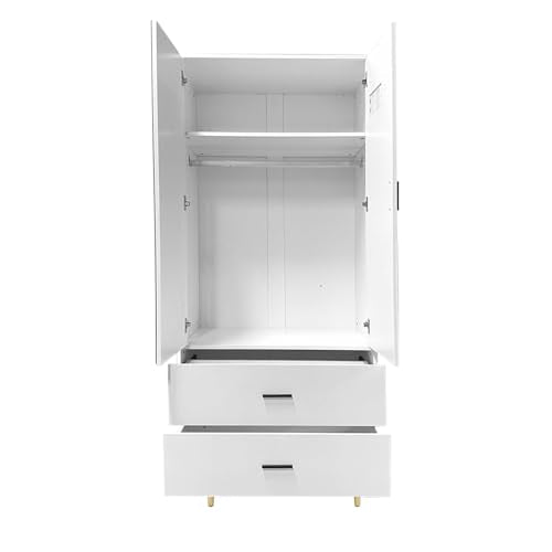 White 2 Door 2 Drawer Armoire Wardrobe with Hanging Rod and Mirror O346