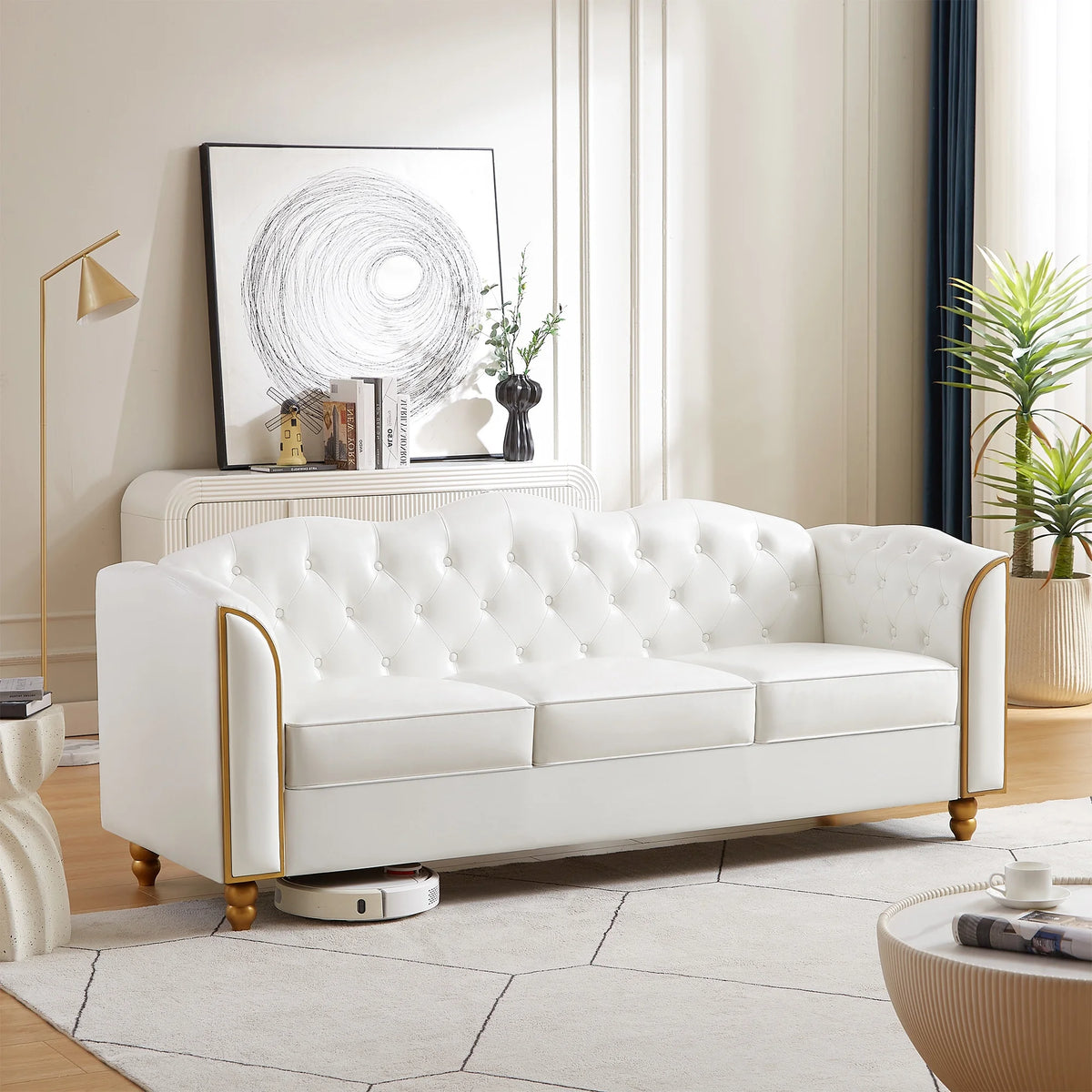 White 3 Seater PU Sofa with Wood Legs C655