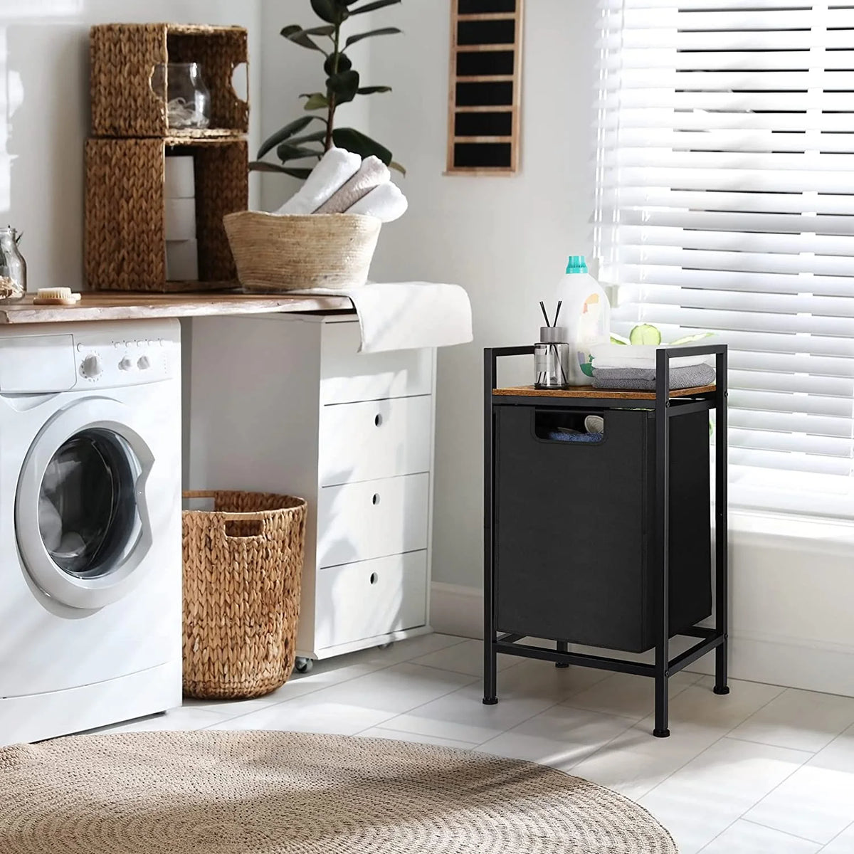 Black Laundry Hamper Basket with Removable Bag and Wood Shelf K869