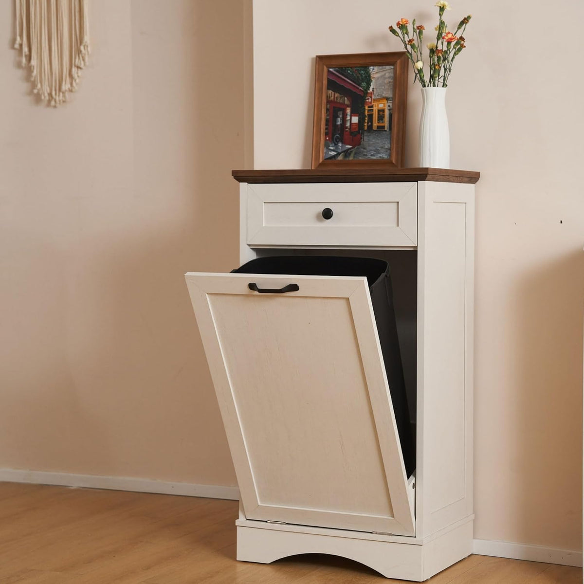Antique White 13 Gallon Tilt Out Trash Cabinet with Drawer Wood J149