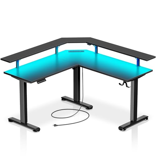 Black Electric Height Adjustable L Shaped Desk with LED Light and Power Outlet A965