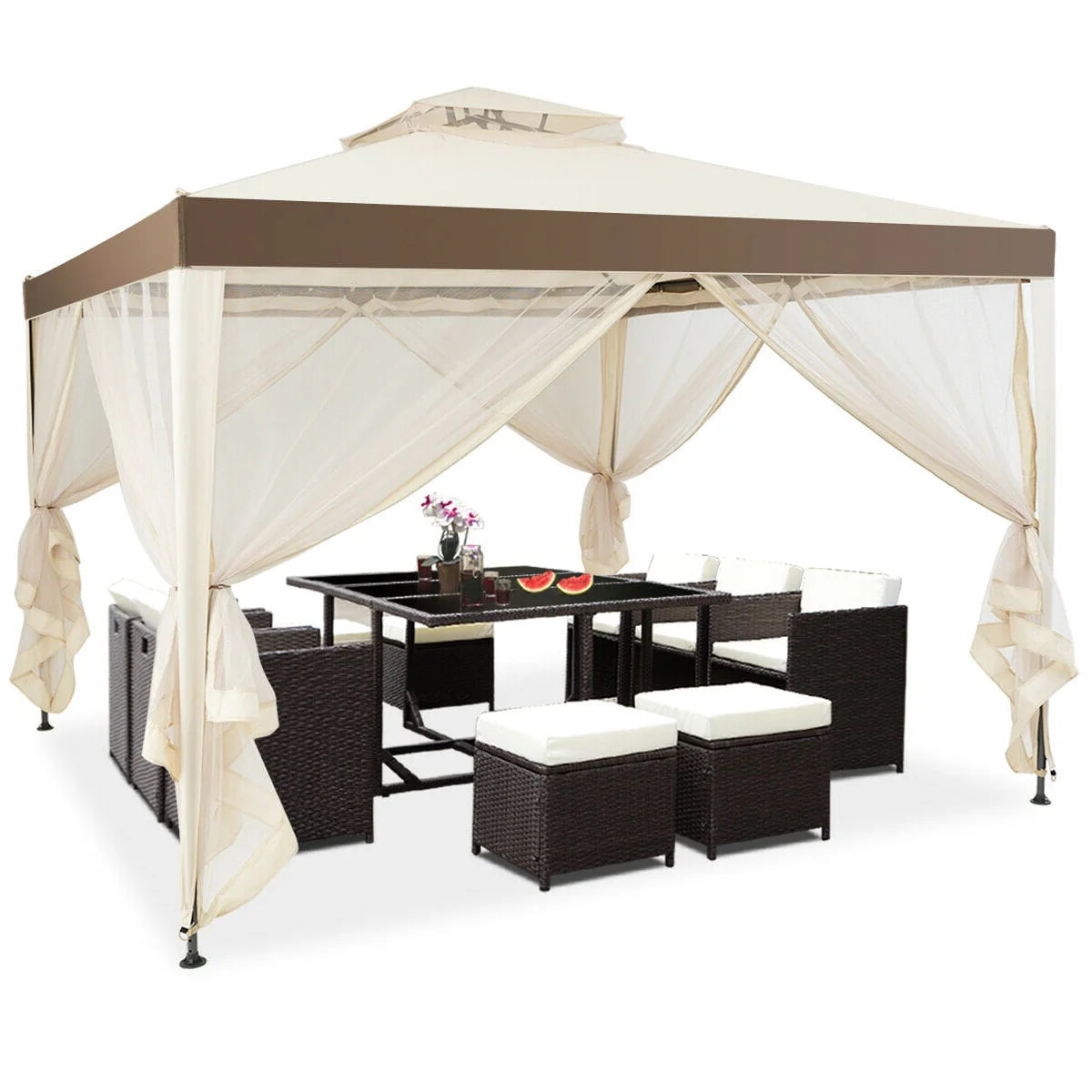 10' x 10' Beige Canopy Gazebo with Mosquito Netting X862