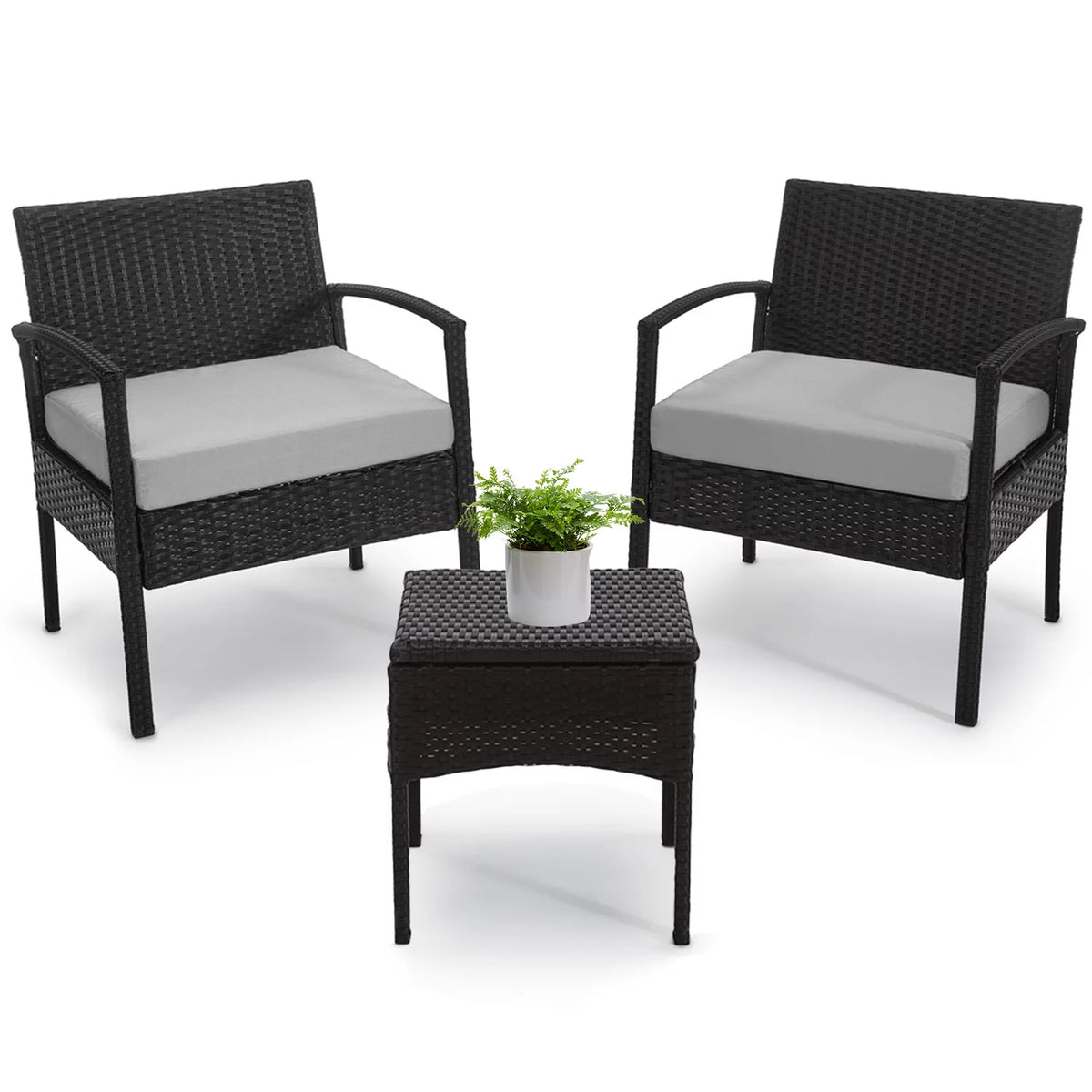 3 Piece Rattan Bistro Set with Side Table and Cushions E447