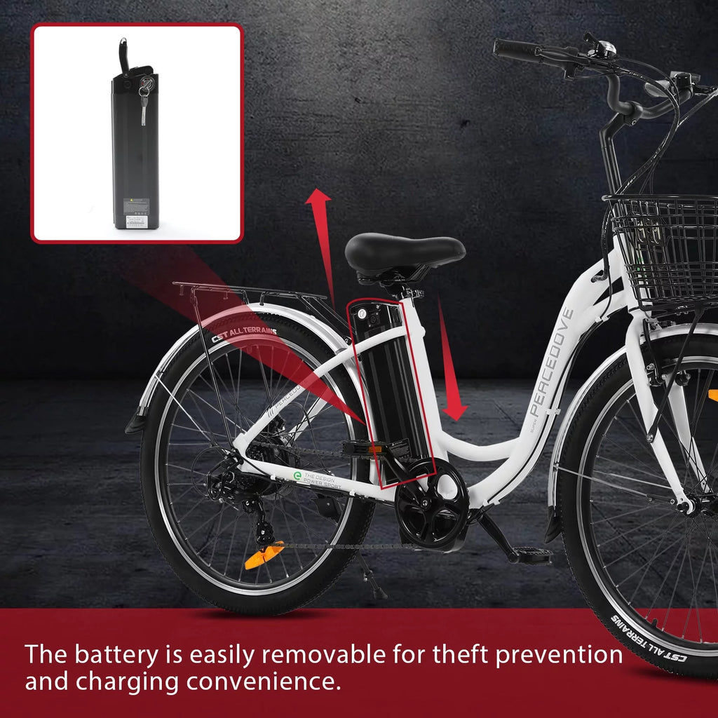 26 Inch 350 W White 7 Speed Electric Bicycle with Basket W497