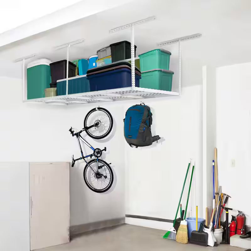 Adjustable Height Overhead Ceiling Mount Garage Rack in White E460
