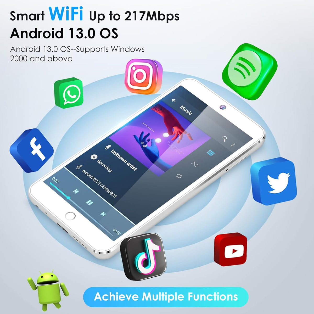 160GB MP3 Player with Bluetooth and WiFi, Android Digital Mp4 Player with Camera, 4.3" Touch Screen Portable Music Player with Speaker Q11976
