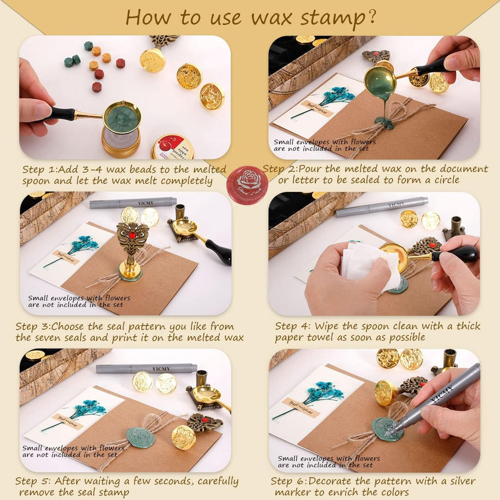 Pheasant Quill Pen and Ink Set Wax Seal Stamp Kit with Leather Journal Notebook, 7 Wax Stamp Heads, Pack of 2 V346
