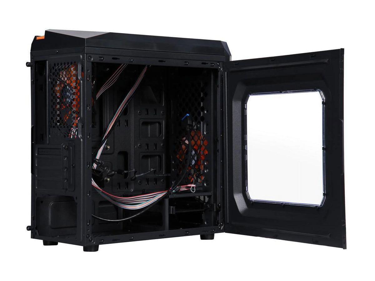 Black/Orange Micro-ATX Mini Tower Computer Case with 2 x Orange LED Fans I36375