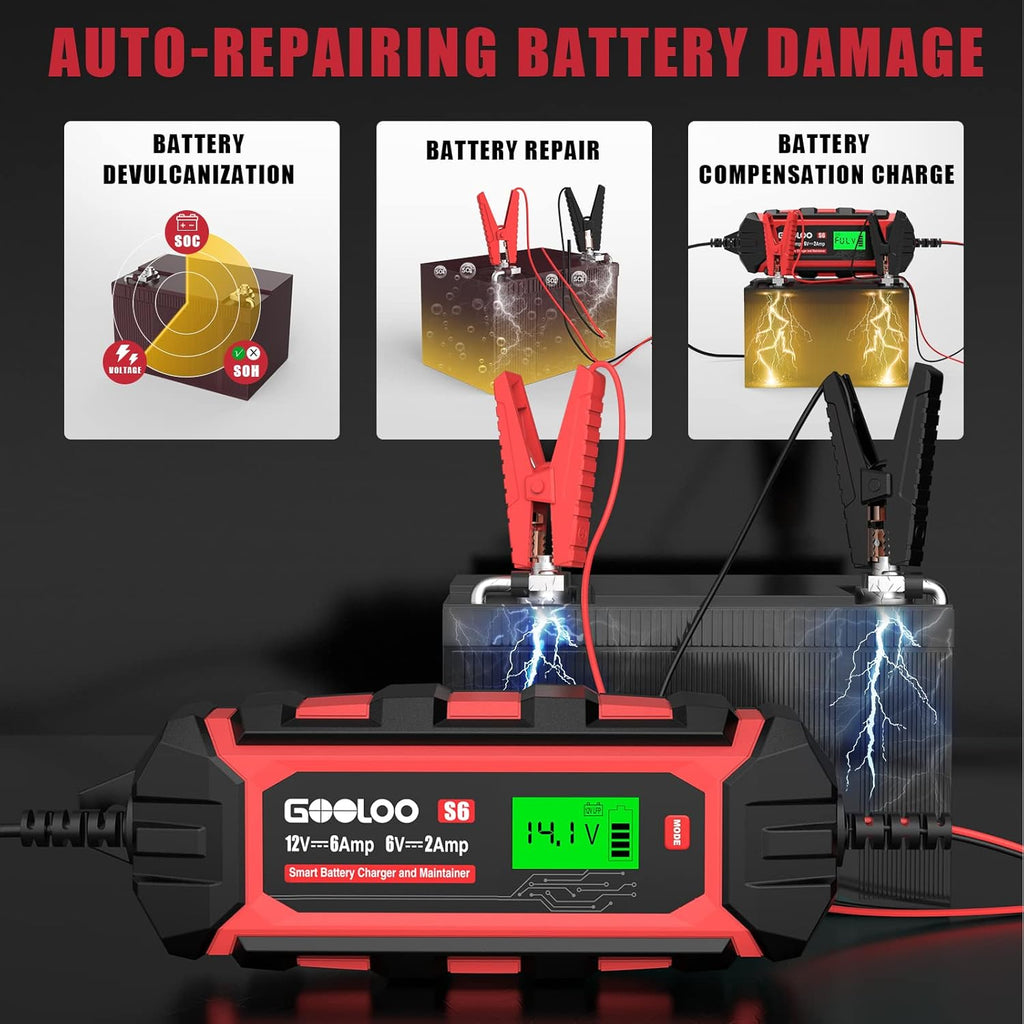 6 Amp 6V 12V Battery Charger Maintainer for Lead-Acid Battery Up to 150Ah LCD Display Pack of 2 A142