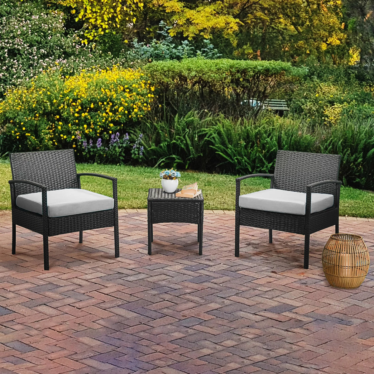 3 Piece Rattan Bistro Set with Side Table and Cushions E447