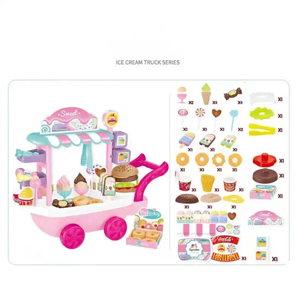 Dessert Candy Trolley Kitchen Toy Set with Umbrella Food Dishes H9808