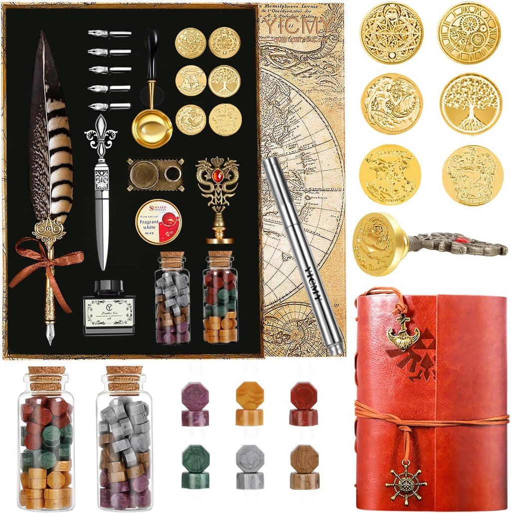 Pheasant Quill Pen and Ink Set Wax Seal Stamp Kit with Leather Journal Notebook, 7 Wax Stamp Heads, Pack of 2 V346