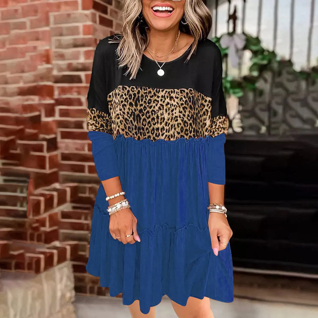 Petite O-Neck Long Sleeve Print Dress F12330