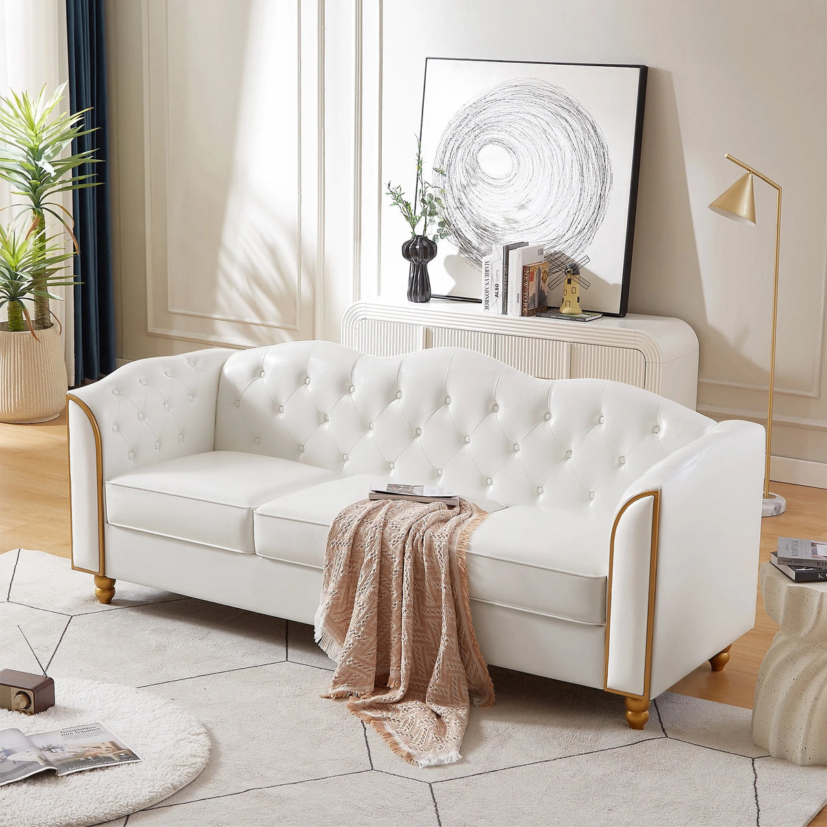 White 3 Seater PU Sofa with Wood Legs C655