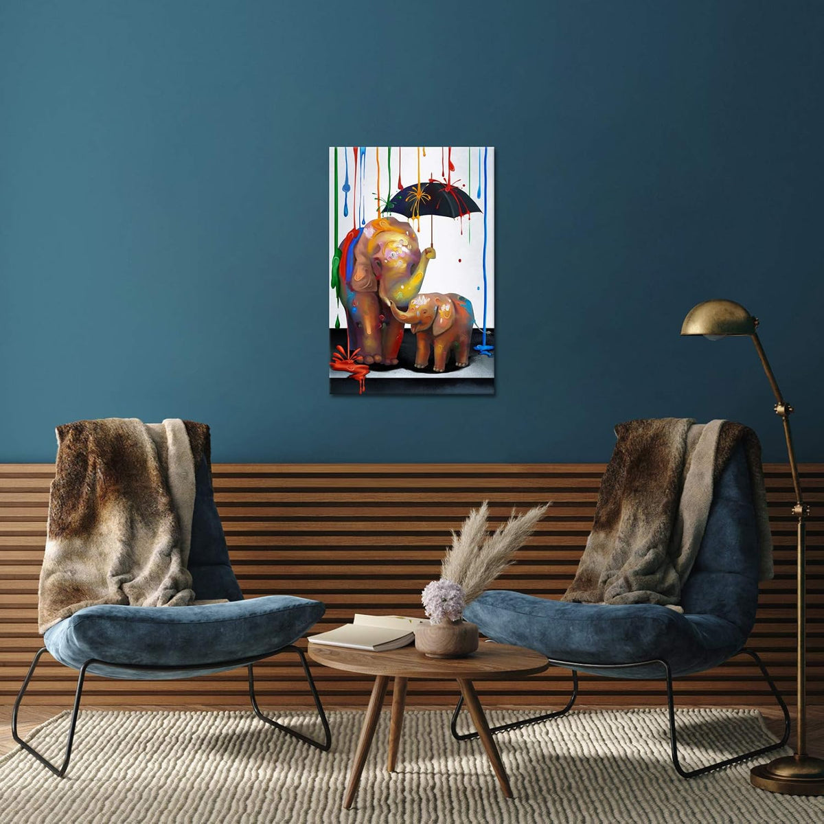 Elephant Mother and Baby Canvas Wall Art with Wood Frame U8939