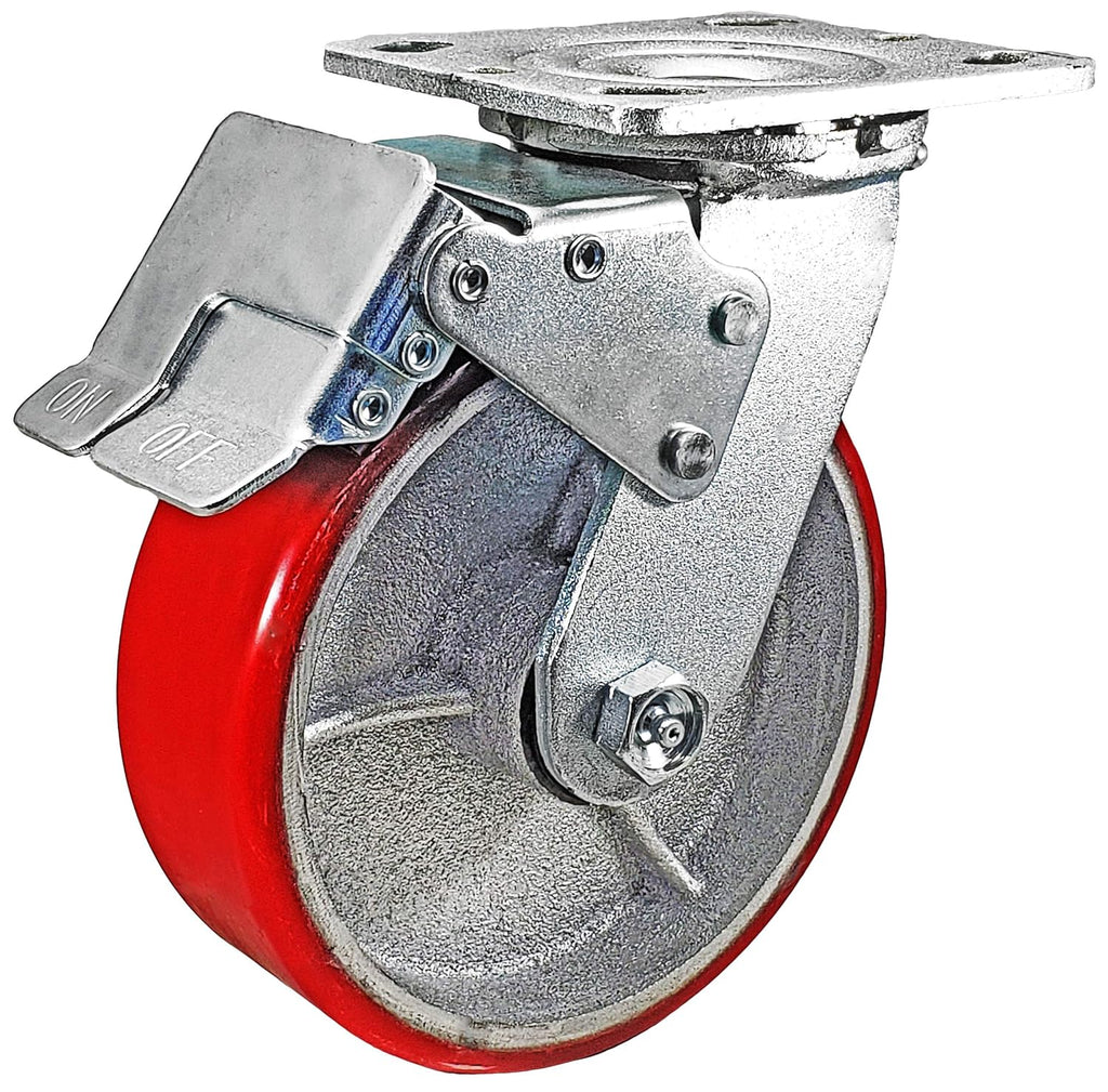 6 x 2 Total Lock Caster Set of 4 with Red Polyurethane on Steel Wheel T1759