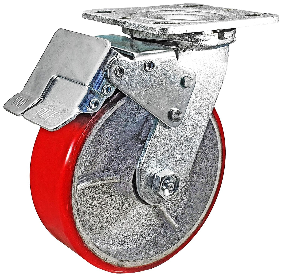 6 x 2 Total Lock Caster Set of 4 with Red Polyurethane on Steel Wheel T1759