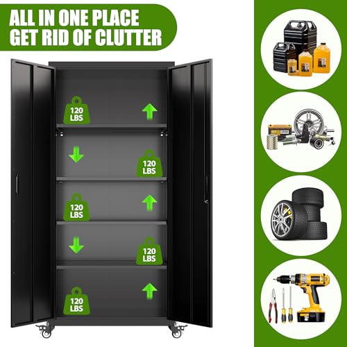 Black Metal Garage Storage Cabinet with 4 Adjustable Shelves U2521