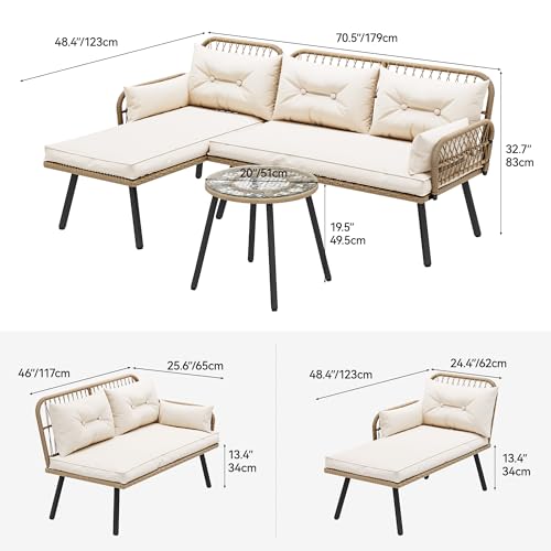 Beige Wicker Patio Furniture Set with Cushions and Side Table Q656446