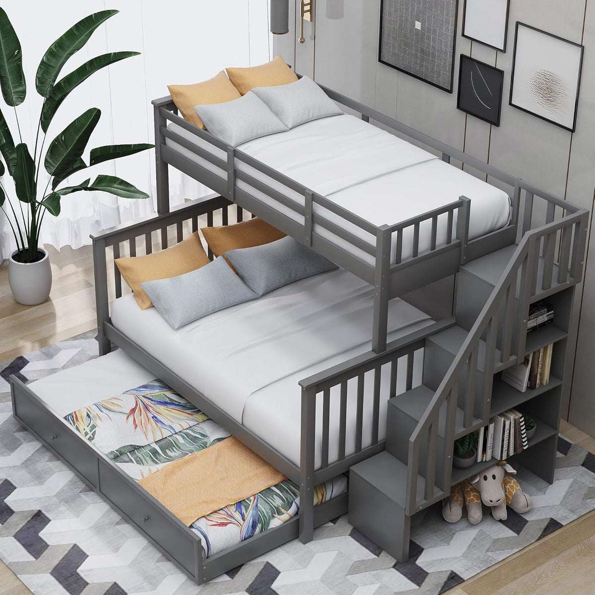Twin Over Full Bunk Bed with Staircase and Storage S476