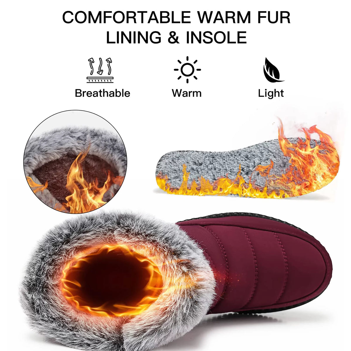 Waterproof Faux Fur Lined Wine Red Snow Boots L60741