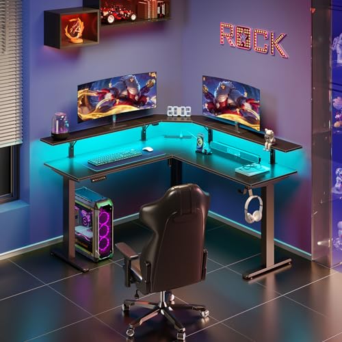 Black Electric Height Adjustable L Shaped Desk with LED Light and Power Outlet A965