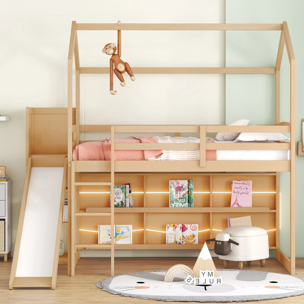 Wood Twin Size Loft Bed with Shelf and Slide F60249