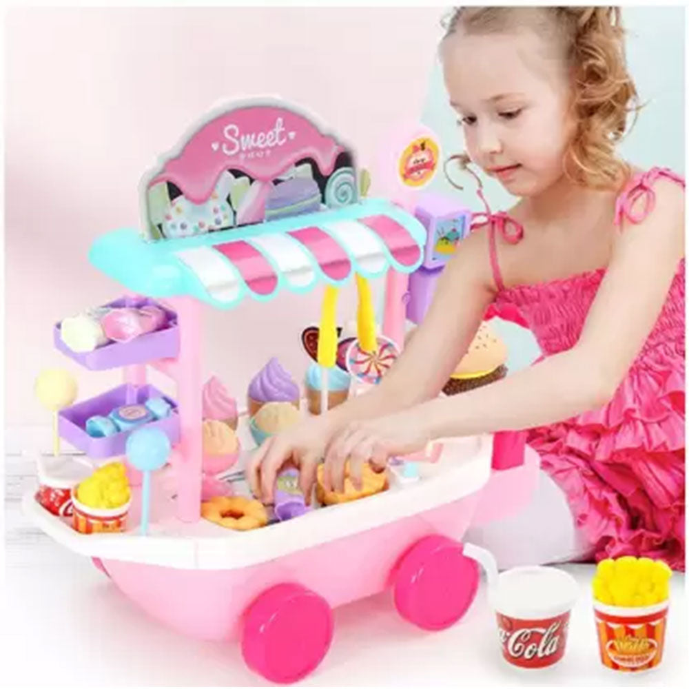 Dessert Candy Trolley Kitchen Toy Set with Umbrella Food Dishes H9808