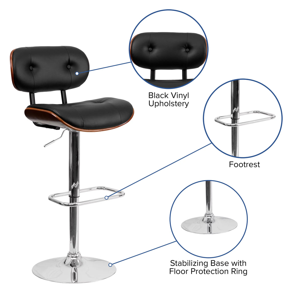 Walnut Bentwood Adjustable Height Barstool with Black Vinyl Seat D5186