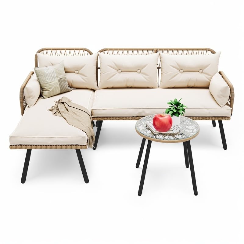 Beige Wicker Patio Furniture Set with Cushions and Side Table Q656446