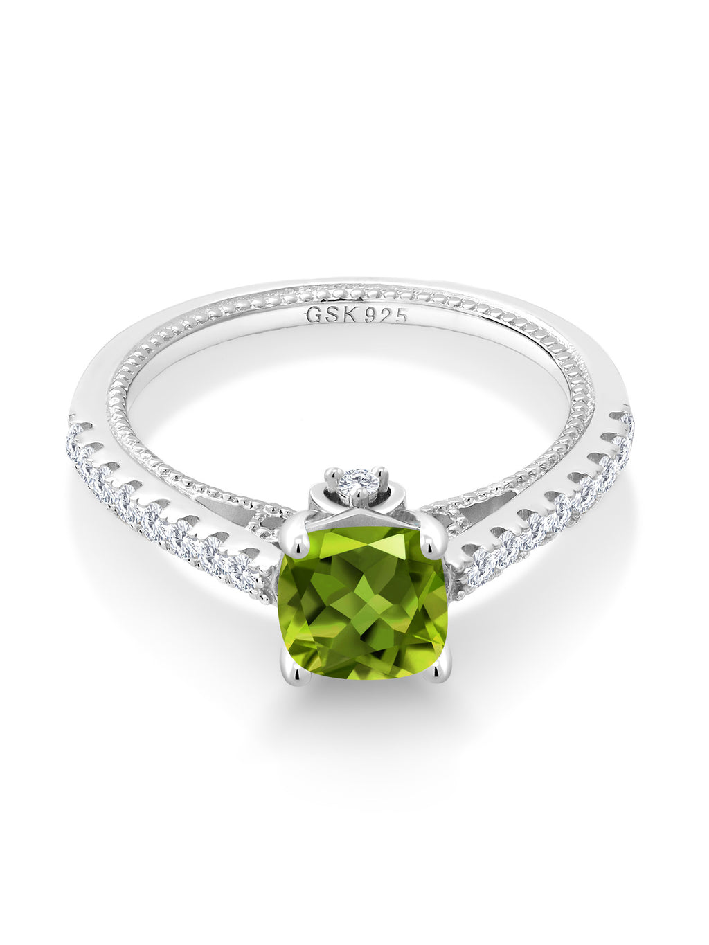 925 Sterling Silver Green Peridot and White Created Sapphire Engagement Ring U242