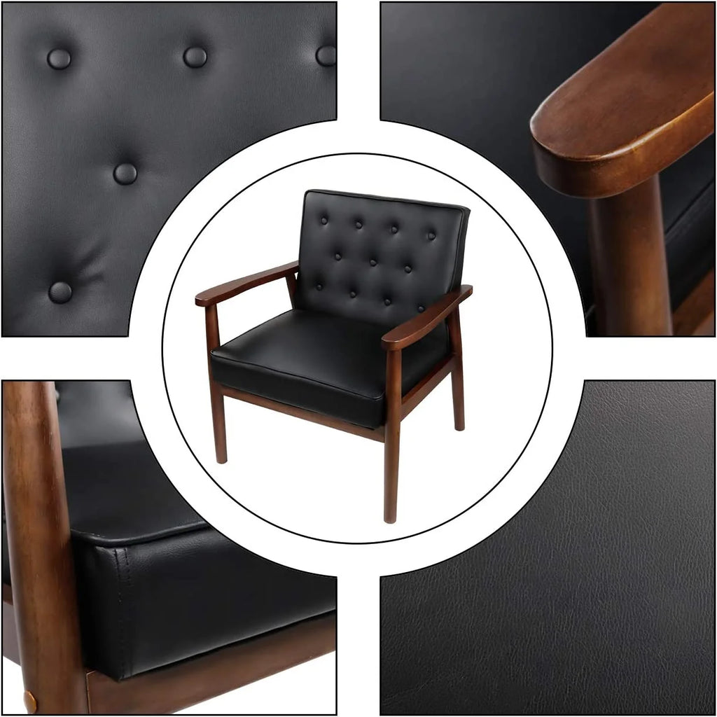 Mid-Century Accent Chair Wooden Arm Upholstered Tufted Back Lounge Chair R1548