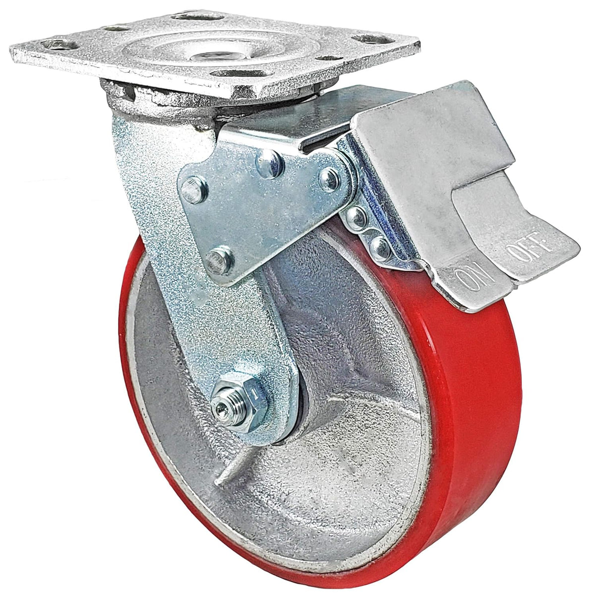 6 x 2 Total Lock Caster Set of 4 with Red Polyurethane on Steel Wheel T1759