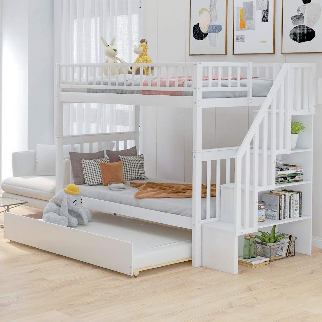 Twin Over Full Bunk Bed with Staircase and Storage S476