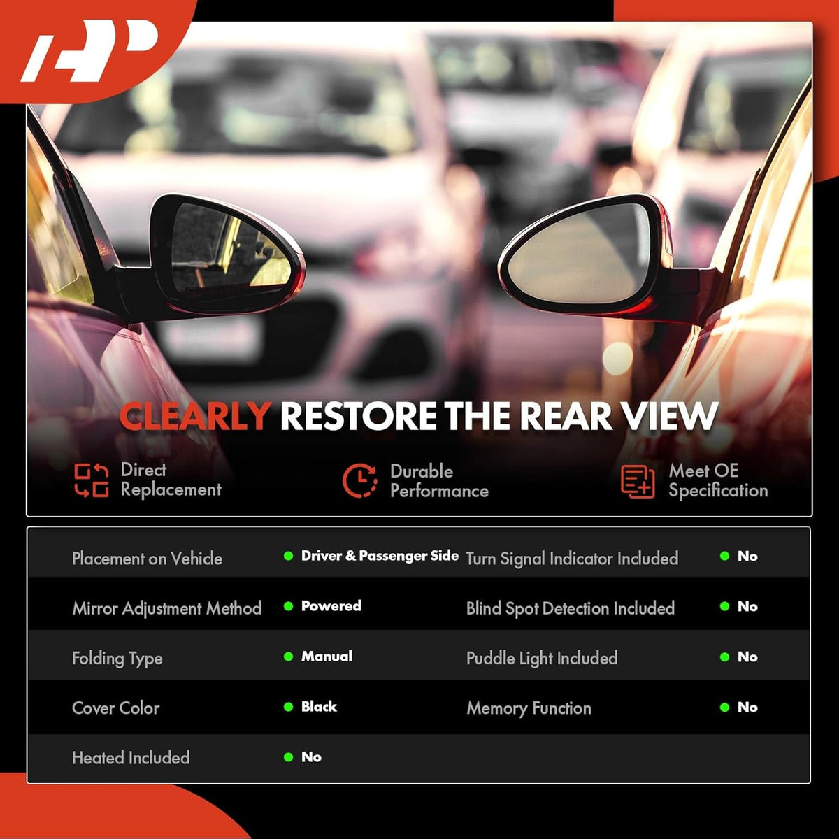 Pair Power Door Mirror Black Non-Heated Manual Folding Outside Rear View Mirror V32388
