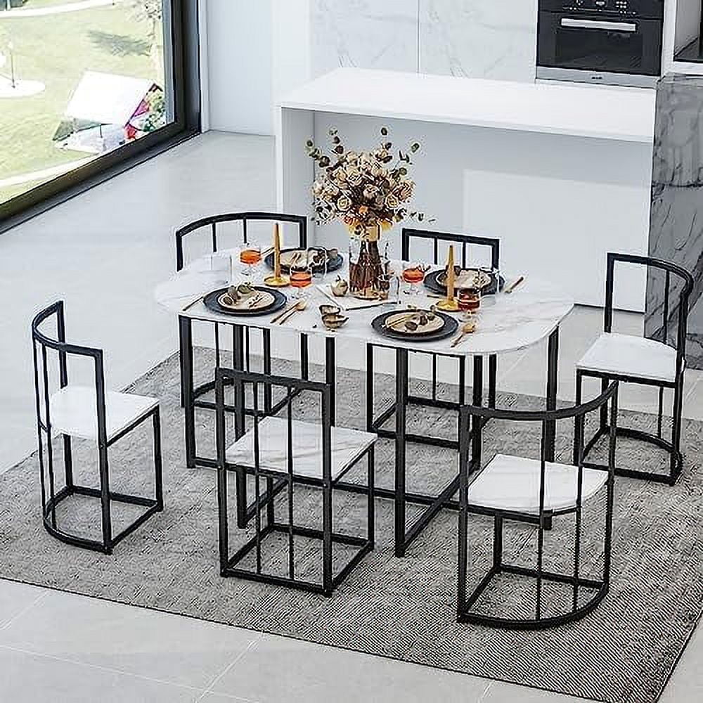 Compact Faux Marble Dining Table and Chairs 7 Piece Set G7610