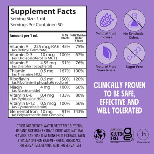 Multivitamin with Iron for Infants Toddlers Kids Ages 4 & Under Gluten Free Certified Sugar Free Raspberry Grape 50 Servings N942028