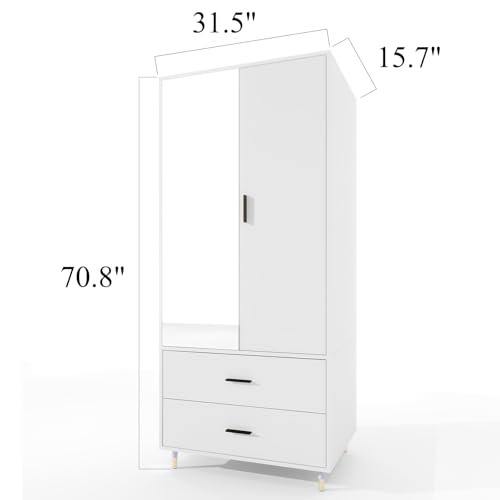 White 2 Door 2 Drawer Armoire Wardrobe with Hanging Rod and Mirror O346