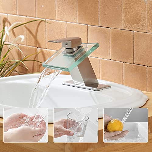 Black Bathroom Faucet Glass Waterfall Single Handle Sink Faucet Matte Black I50179