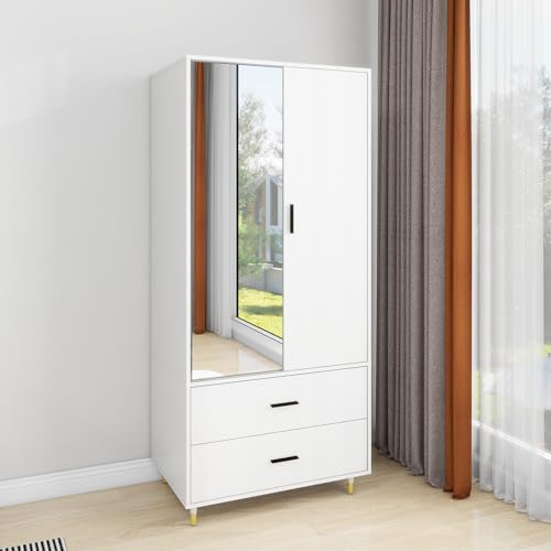 White 2 Door 2 Drawer Armoire Wardrobe with Hanging Rod and Mirror O346