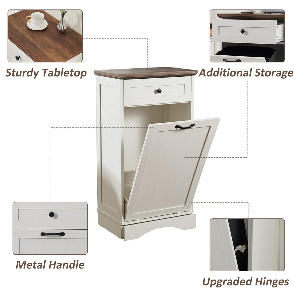 Antique White 13 Gallon Tilt Out Trash Cabinet with Drawer Wood J149