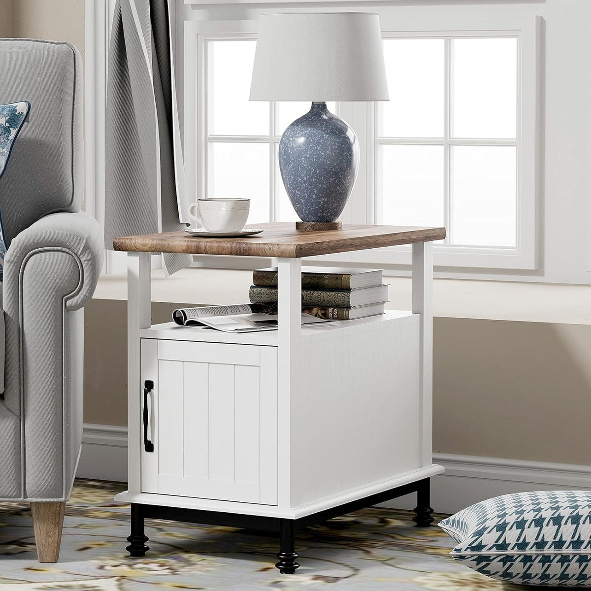 White Oak Nightstand with Storage Shelf and Cabinet A699