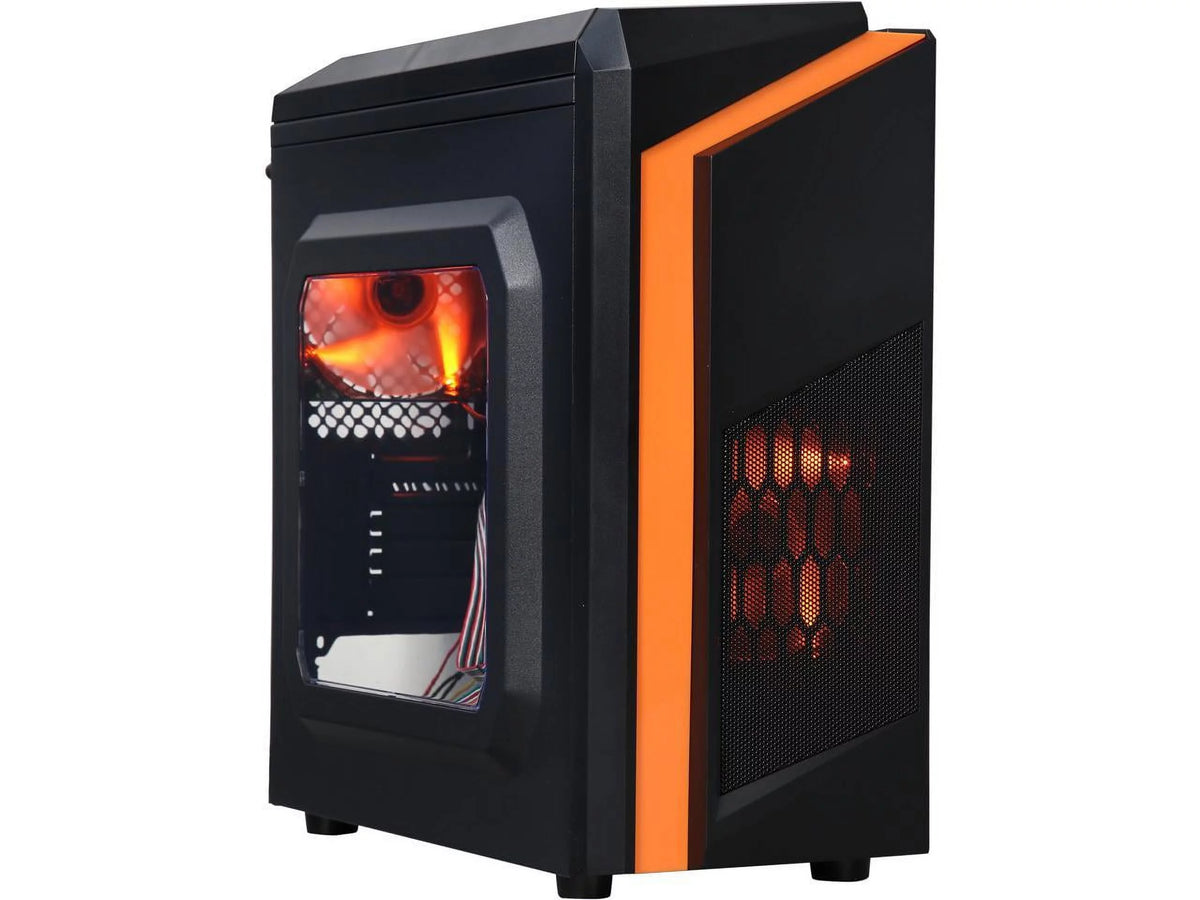 Black/Orange Micro-ATX Mini Tower Computer Case with 2 x Orange LED Fans I36375
