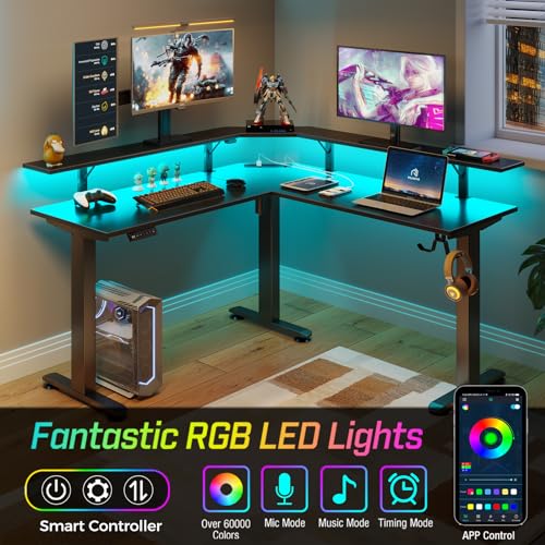 Black Electric Height Adjustable L Shaped Desk with LED Light and Power Outlet A965
