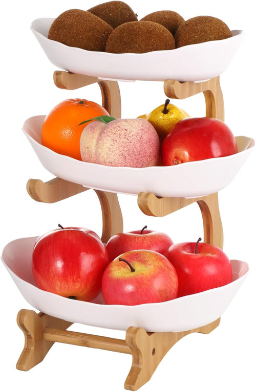 3 Tier Plastic Fruit Basket with Bamboo Stand O33918