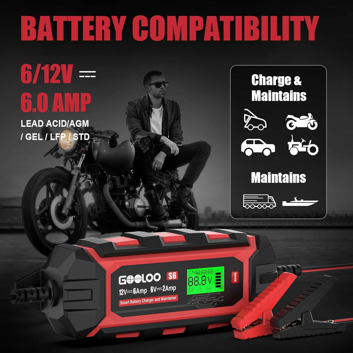 6 Amp 6V 12V Battery Charger Maintainer for Lead-Acid Battery Up to 150Ah LCD Display Pack of 2 A142