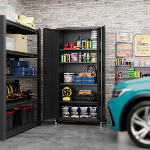 Black Metal Garage Storage Cabinet with 4 Adjustable Shelves U2521