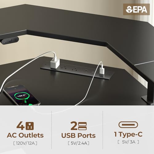 Black Electric Height Adjustable L Shaped Desk with LED Light and Power Outlet A965