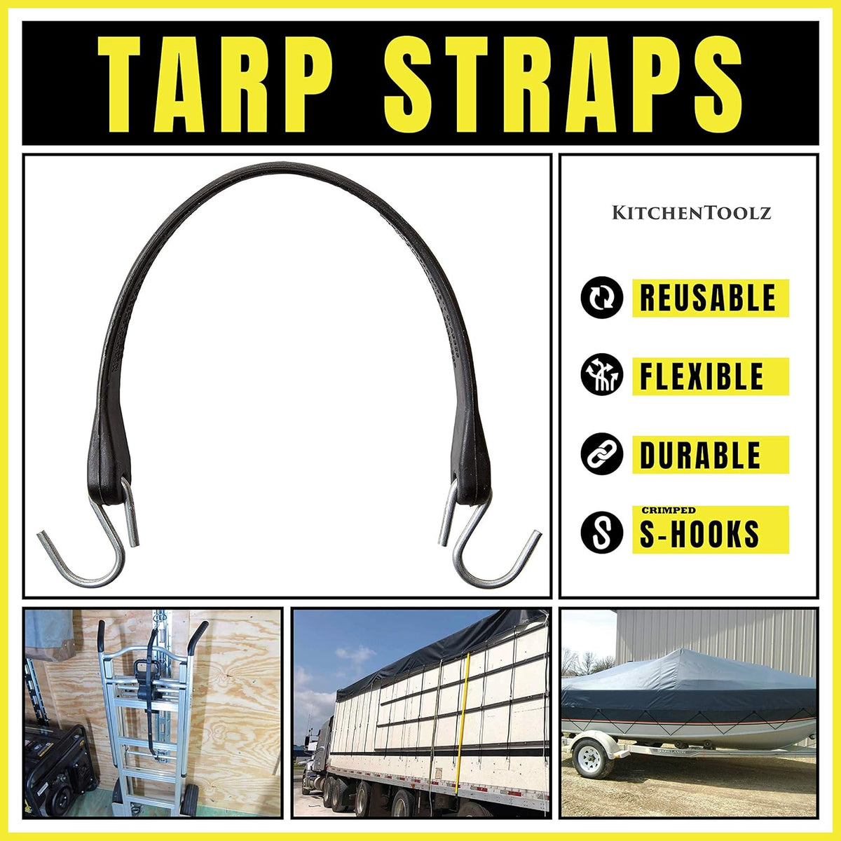 50 Pack 31 Inch Rubber Tarp Straps with Crimped Metal S Hooks X75273
