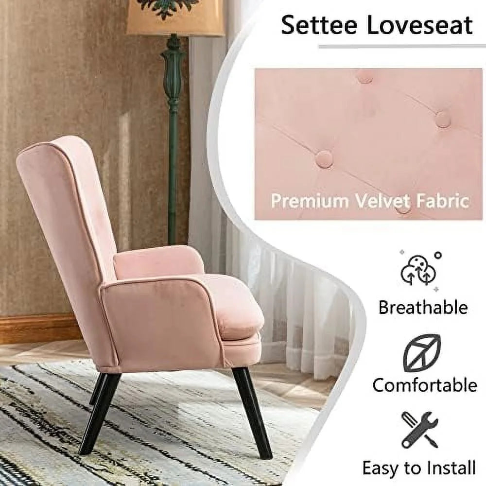 Pink Velvet Tufted Wingback Accent Chair with Solid Wood Legs L227032